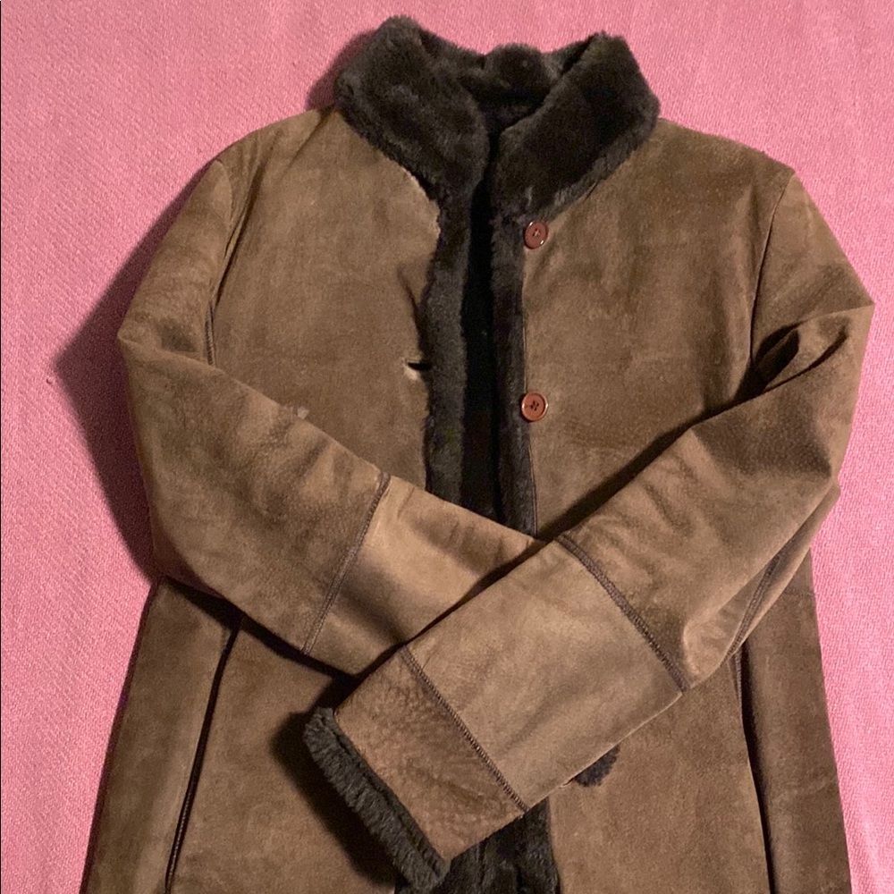 Steven By Serle Brown Suede Coat with Faux Brown Fur Lining, Large